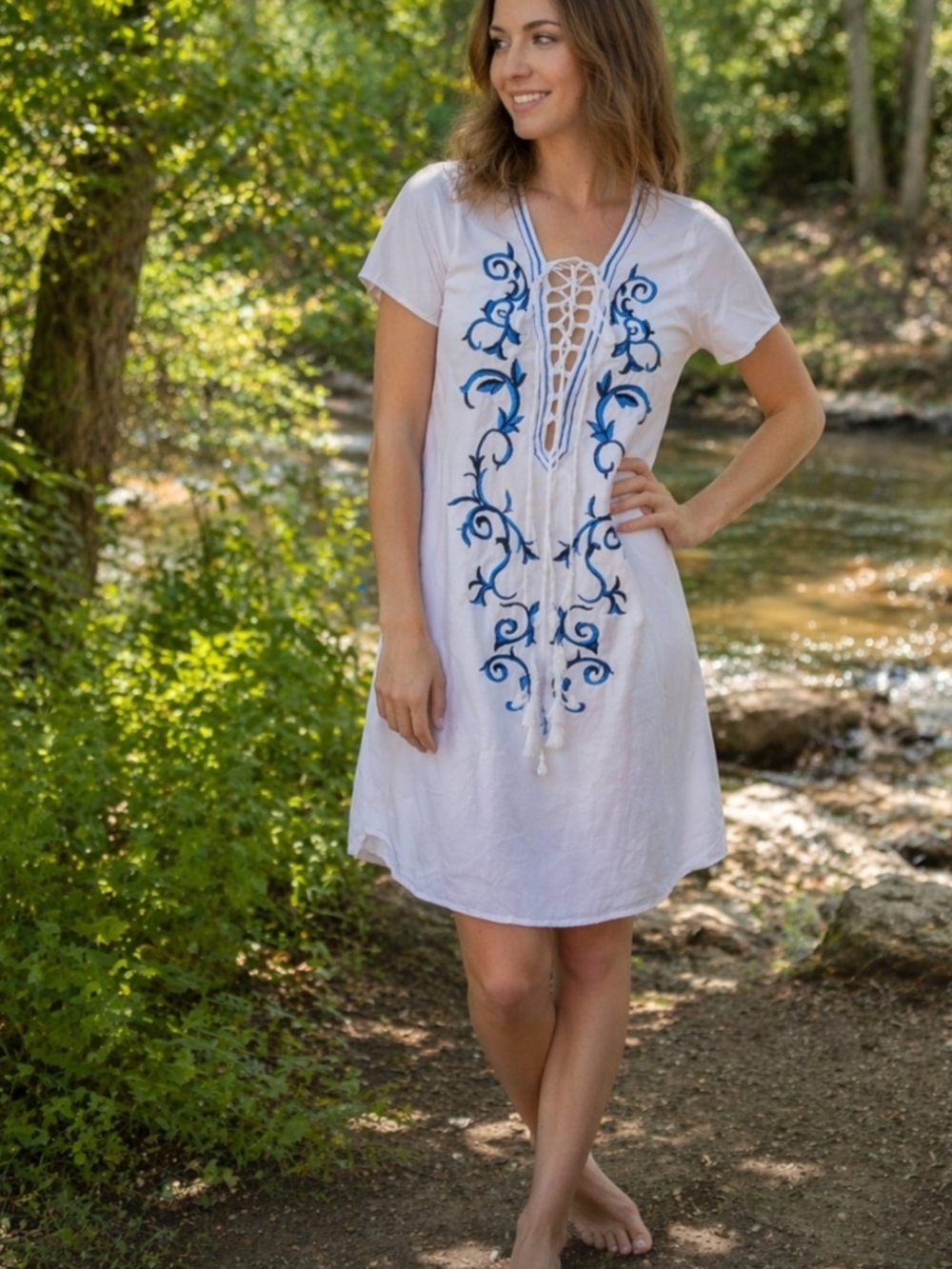 Lulu's White Blue Embroidered Lace Up Short Sleeve Tunic Dress NWT Size XS